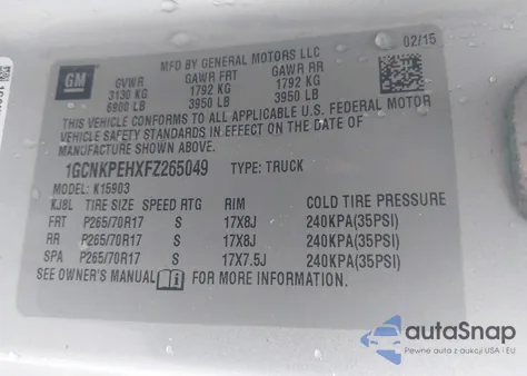 2015 Chevrolet Silverado 1500 Wt z USA, uszkodzony, nr VIN 1GCNKPEHXFZ265049